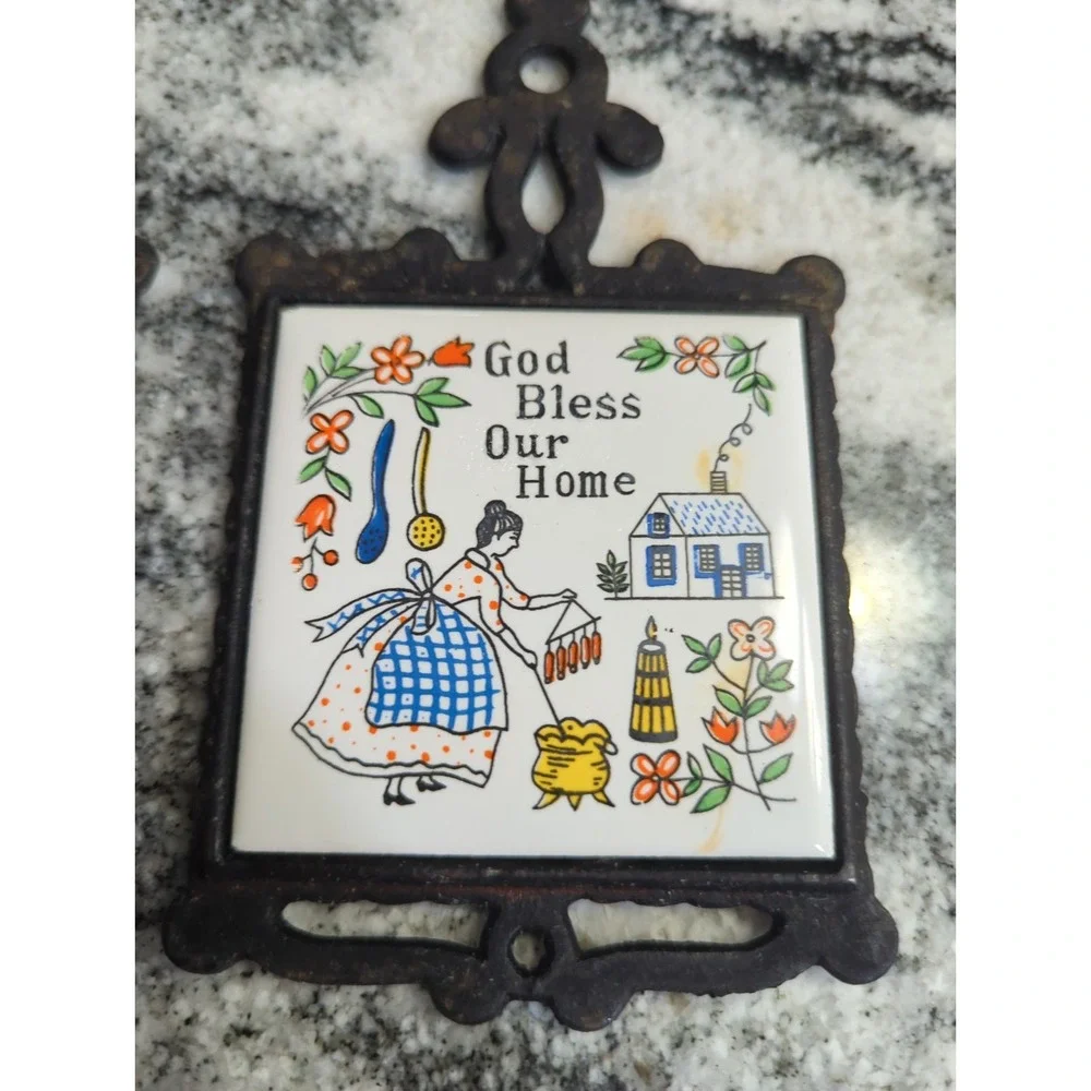 2 Vintage Tile Wrought Iron Trivet Black God Bless Our Home Japan Multicolor